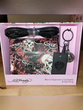 Ed Hardy Black & Pink Skull Print Micro Organizer Crossbody with Key Ring